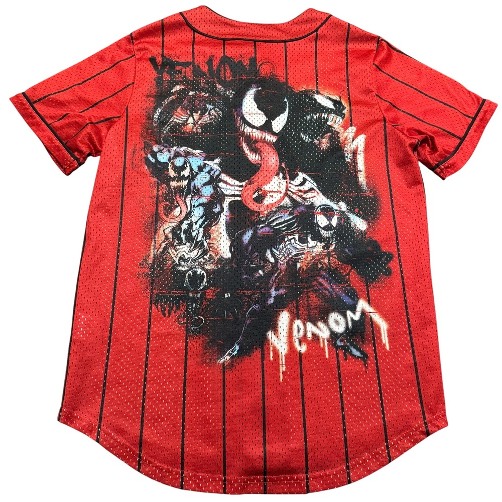 Venom from Spider Man Baseball Jersey Men's S Striped Red Full Graphic Grafitti